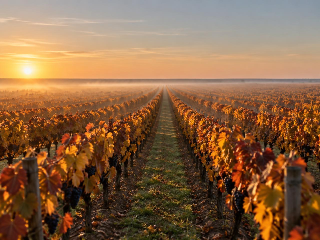 Rangs de vigne en automne sur le plateau de Saint-Émilion